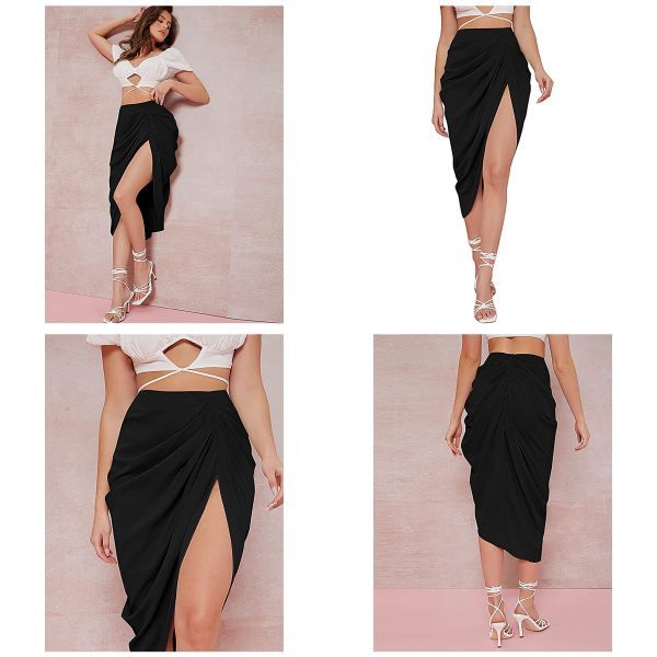 Split Front High Waist Ruched Zip Back Bodycon Midi Skirt