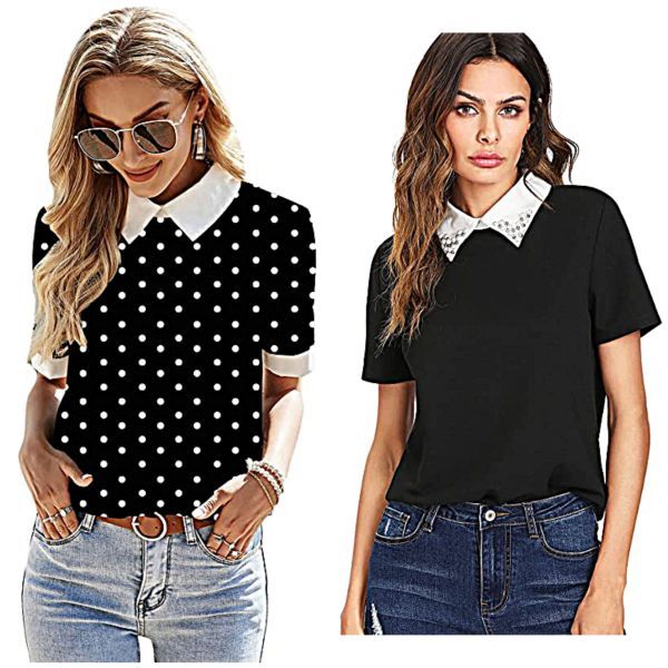 Contrast Collar Short Sleeve Casual Work Blouse