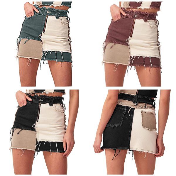 Mid-Rise Color Blocking Patchwork Ripped Stretch Denim Skirts