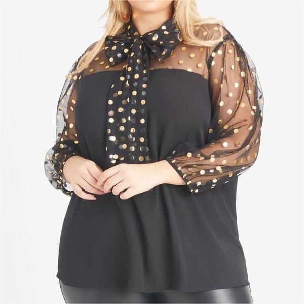 Polka Dot Mesh Paneled Blouse