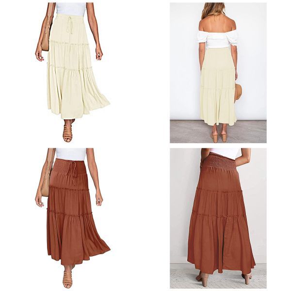 Elastic High Waist A Line Ruffle Swing Beach Maxi Skirt with Pockets