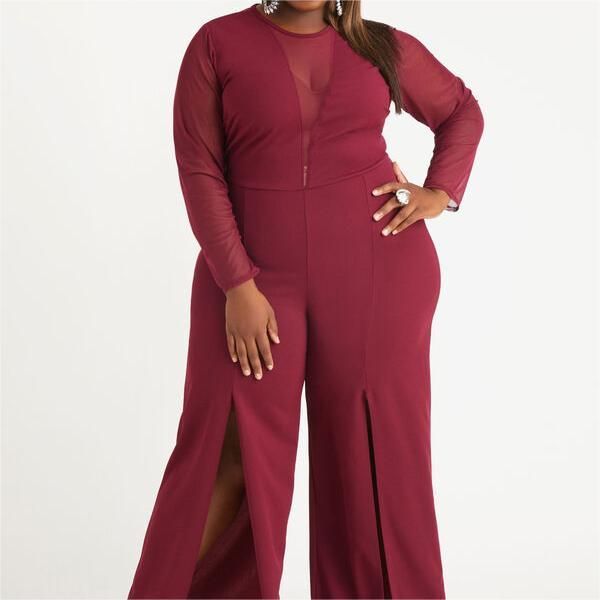 Mesh Paneled Split Front Jumpsuit