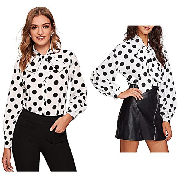 Printed Bow Tied Neck Lantern Long Sleeve Blouse