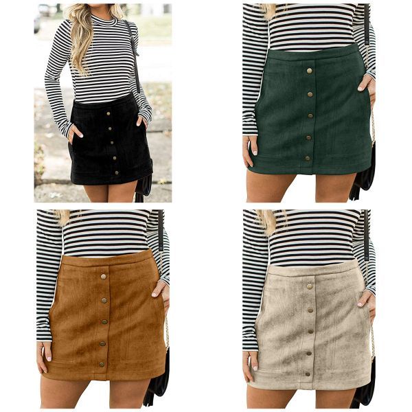 Faux Suede High Waist A-line Mini Skirt with Pocket