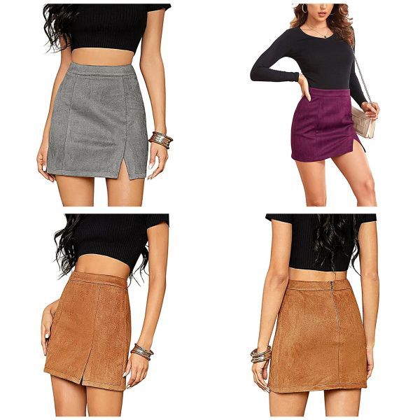 High Waist Faux Suede Side Split Bodycon Short Mini Skirt