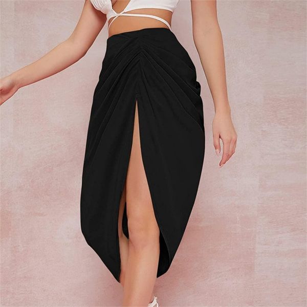 Split Front High Waist Ruched Zip Back Bodycon Midi Skirt