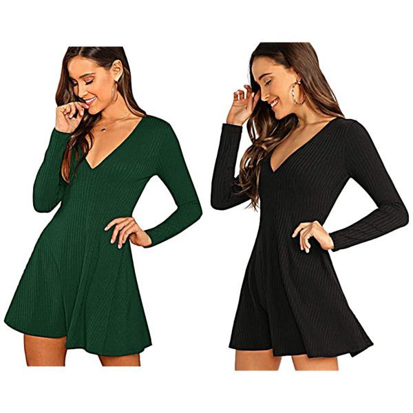 Long Sleeve Ribbed Short Skater Dress