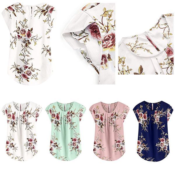 Floral Print Petal Cap Sleeve Pleated Blouse