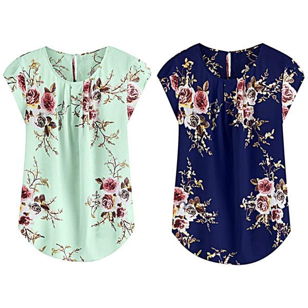 Floral Print Petal Cap Sleeve Pleated Blouse