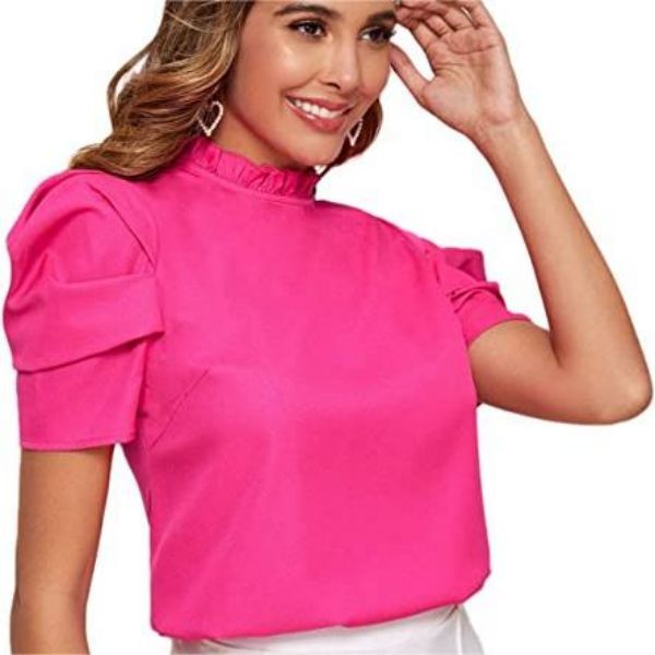 Short Sleeve Frill Trim Mock Neck Solid Work Blouse