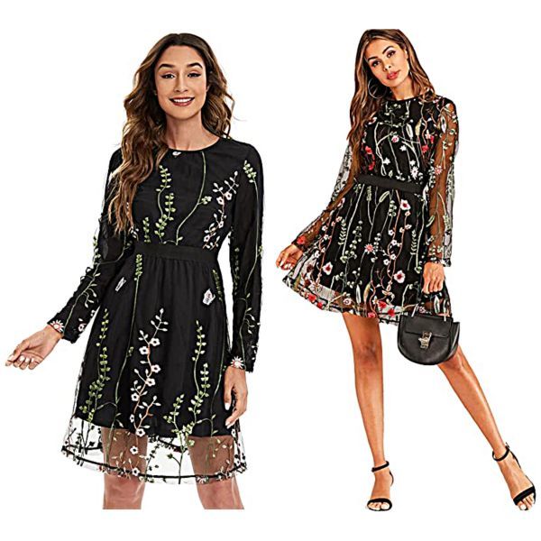 mbroidery Mesh Round Neck Tunic Party Dress