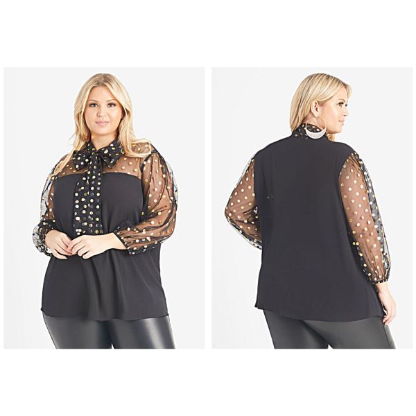 Polka Dot Mesh Paneled Blouse