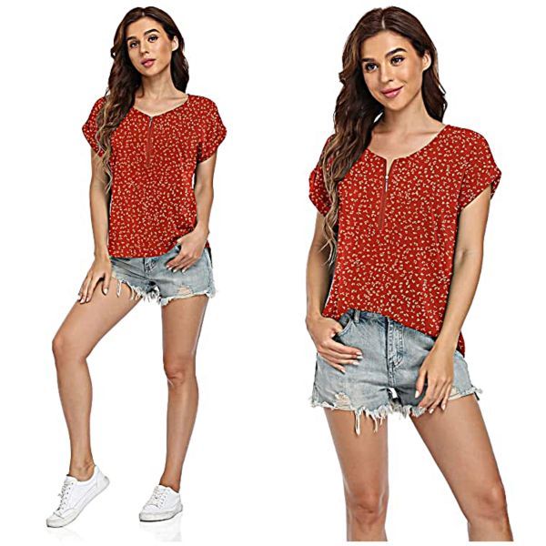 Casual Rolled Cuff Zip Half Placket Chiffon Short Sleeve Top